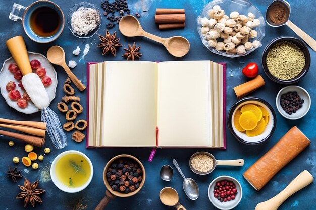 Erbe e spezie con un libro di cucina su sfondo blu Vista dall'alto con spazio per la copia Modello di libro di ricette mock up Generative ai
