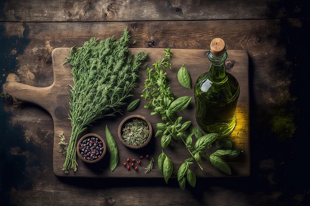 Erbe fresche e olio d'oliva su uno sfondo di legno