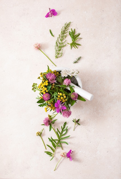 Erbe medicinali di fiori in mortaio. medicina alternativa. trifoglio millefoglie tanaceto rosebay