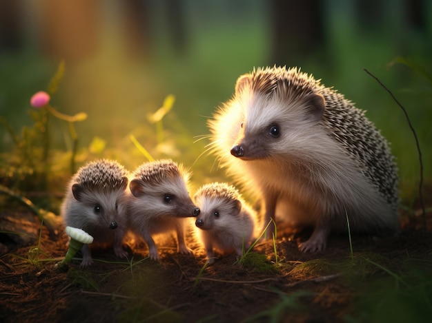 Erico con i cuccioli di erico nella foresta estiva