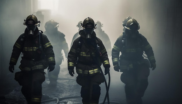 Eroi in abbigliamento da lavoro protettivo salvano un edificio in fiamme generato dall'intelligenza artificiale