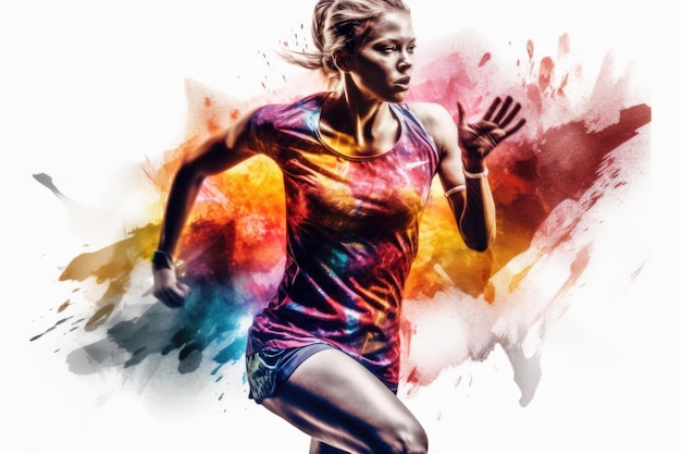 Eroica foto colorata a doppia esposizione di una corridore svedese ben allenata che corre veloce