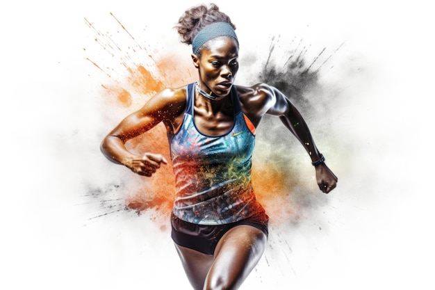 Eroica foto colorata a doppia esposizione di una donna africana ben allenata che corre veloce