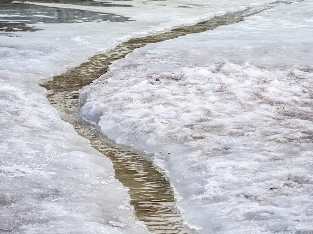 Erosione da acque alluvionali. Flusso di primavera. Neve spazzata via da un ruscello.