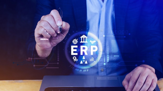 erp concept enterprise resource planning concept analyzing erp system on virtual screen connections between business intelligence hr and crm modules