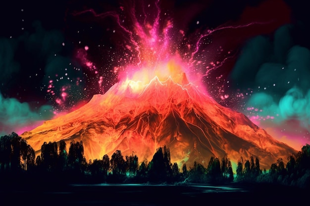 Eruzione del giorno del vulcano Eruzione del vulcano con effetto neon