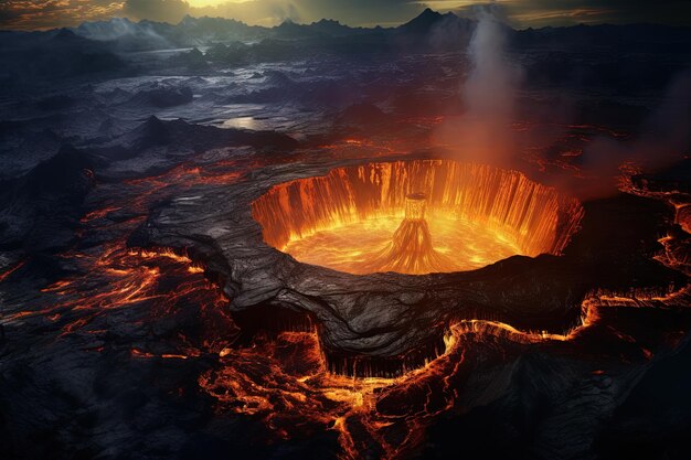 Eruzione del vulcano da una vista d'uccello Cratere del vulcano e flusso di magma girato dall'alto Generato AI