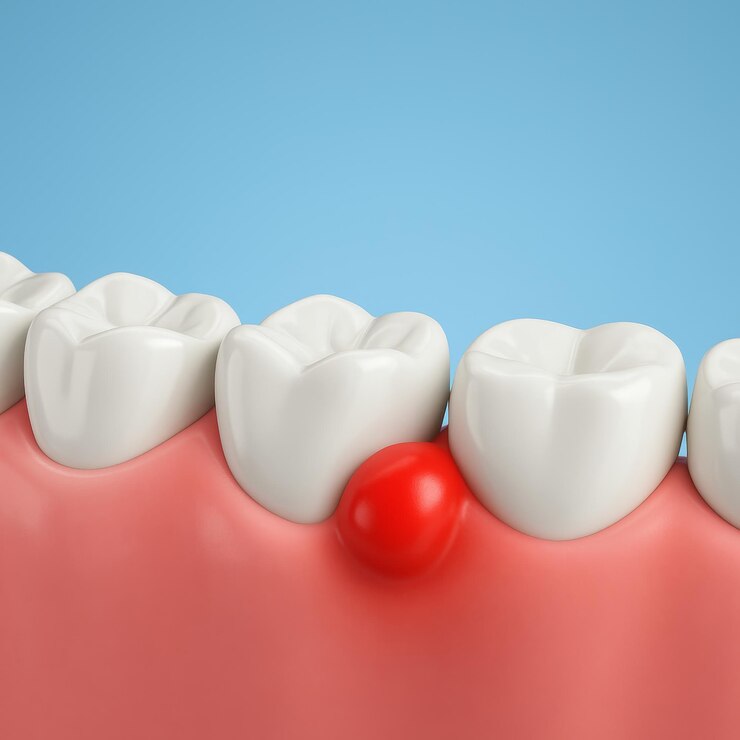 Eruzione delle gengive che cresce dolorosamente tra denti bianchi e sani causando infiammazione e infezione che richiede un trattamento dentale da parte di un dentista professionista
