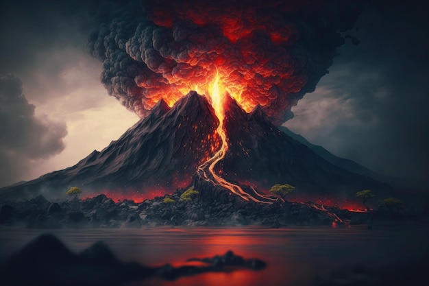 Eruzione esplosione lava rovente e cenere volano nel cielo disastro naturale ai generativo