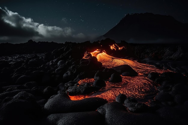 Eruzione notturna di lava incandescente Bellezza inquietante AI generativa