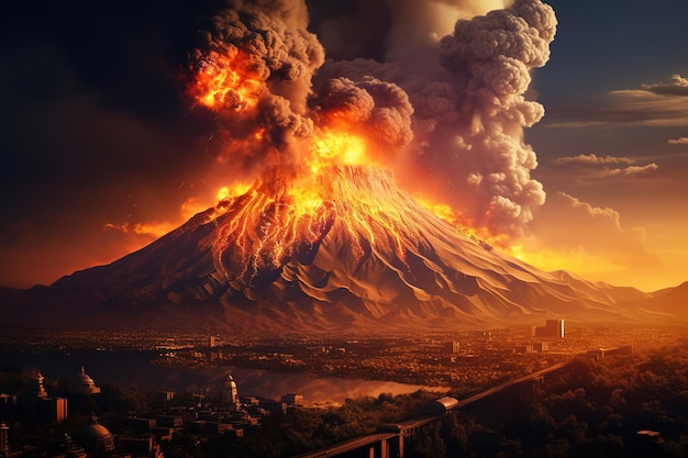 Eruzione vulcanica che distrugge una città sotto una montagna