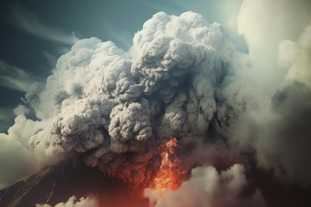 Eruzione vulcanica con nubi di fumo e cenere create con ai generativi