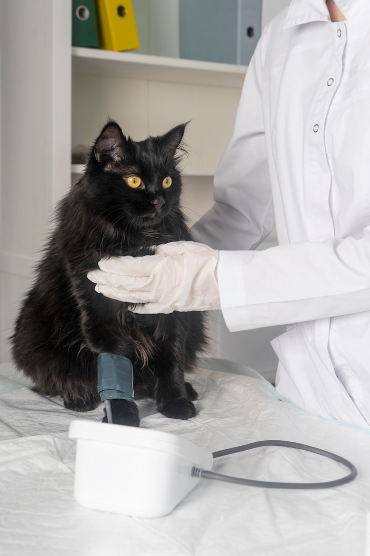 Esame medico dell'animale, misurazione della pressione sanguigna nella clinica veterinaria.