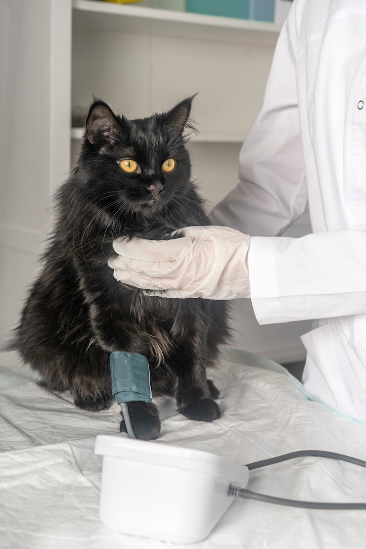Esame medico dell'animale, misurazione della pressione sanguigna nella clinica veterinaria.