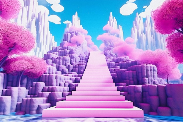 Escapade astrale Paesaggio 3D stilizzato di Bryce con scalinata magica e vibrazioni vaporwave pastello