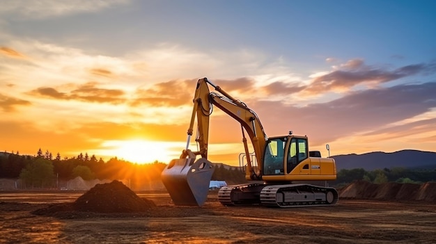 Escavatore cingolato durante i lavori di sterro in cantiere al tramonto pesante movimento terra in cantiere