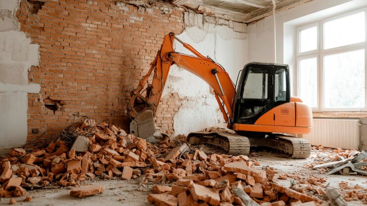 Foto escavatore in un cantiere che demolisce un muro di mattoni circondato da detriti
