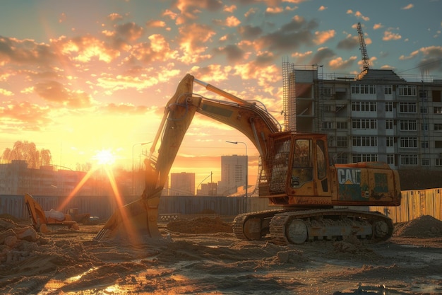 Escavatore in un cantiere di costruzione al tramonto