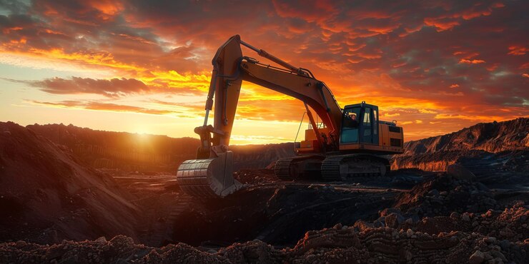 Foto escavatore industriale sul cantiere contro un vivace tramonto che raffigura macchinari pesanti al lavoro nelle operazioni minerarie e nello sviluppo del terreno