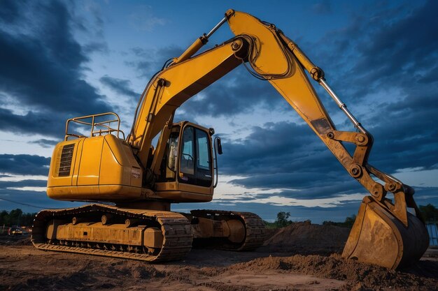 Escavatore sul cantiere al crepuscolo