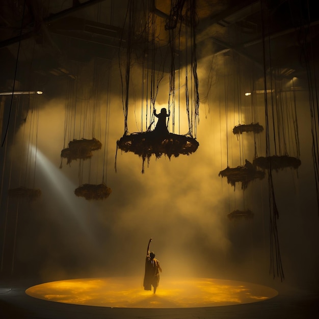 Escenografia atmosferica obra de teatro envuelta en una bruma amarilla