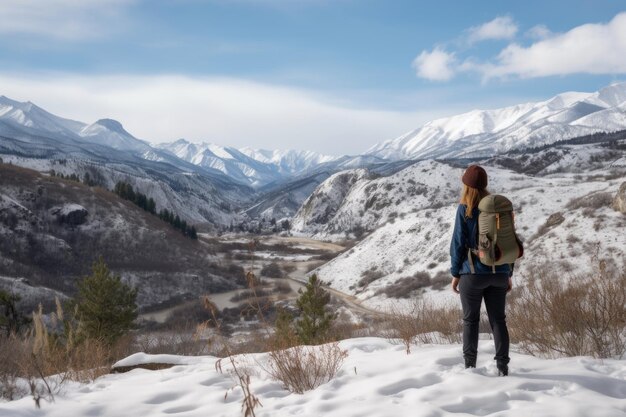 Escursione invernale con vista sulla catena montuosa innevata sullo sfondo creata con l'IA generativa