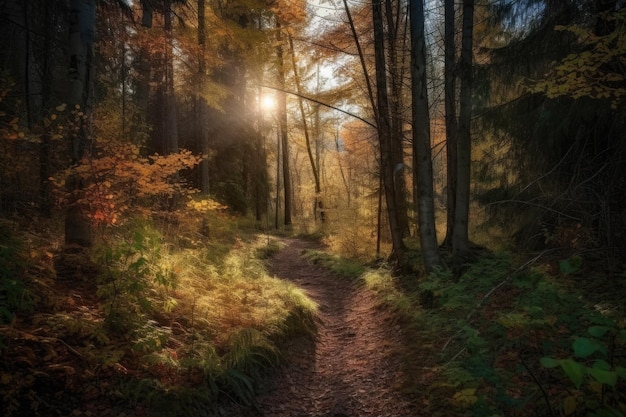 Escursione nella foresta autunnale con raggi di sole bassi che brillano attraverso gli alberi creati con l'IA generativa