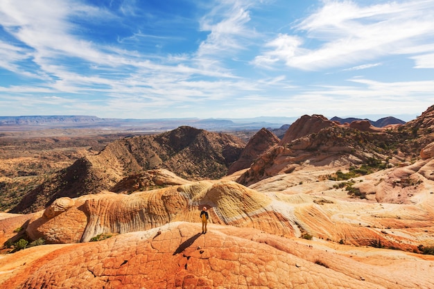 Escursione nelle montagne dello Utah. Escursioni in paesaggi naturali insoliti. Fantastiche formazioni di arenaria.