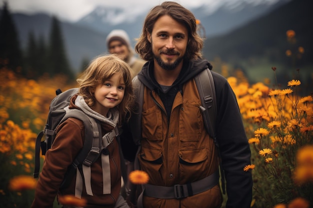 Escursioni in famiglia in montagna viaggi e voglia di viaggiare concetto padre e figlio prato con fiori