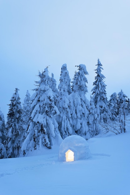 Escursioni in montagna d'inverno Igloo innevato in una foresta di abeti Crepuscolo serale Avventure estreme in natura