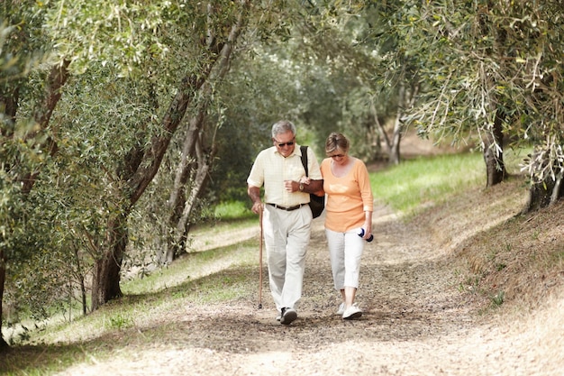 Escursionismo fitness e coppia anziana nella foresta camminando per la pensione esercizio benessere supporto e percorso nella natura Anziani nei boschi per viaggi cardio e viaggio o trekking sull'impronta di carbonio