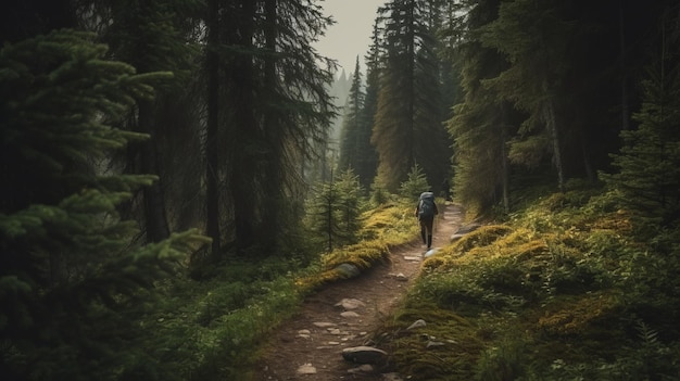 Escursionismo in montagna foresta paesaggio montano turista AI generato