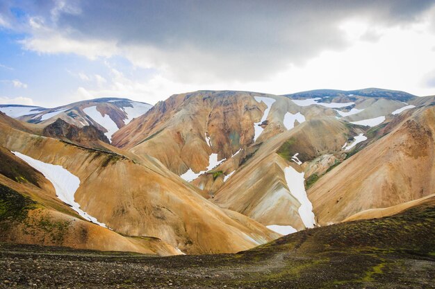 Escursionismo negli altopiani con neve, muschio vulcanico verde, montagna colorata, Landmannalaugar, Islanda