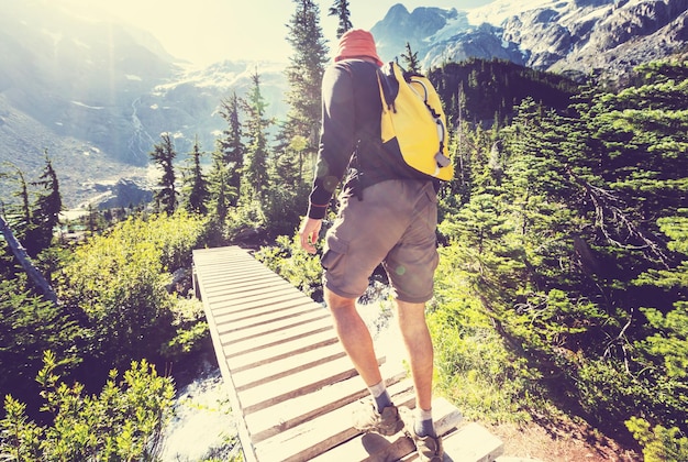 Escursionismo uomo in montagne canadesi. L'escursione è l'attività ricreativa popolare in Nord America. Ci sono molti sentieri pittoreschi.