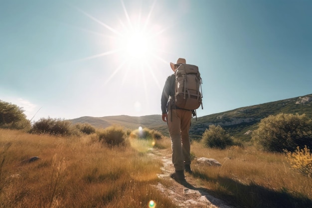 Escursionista al tramonto sulle montagne con zaino Vacanze all'aria aperta da soli nella selvaggia IA generativa