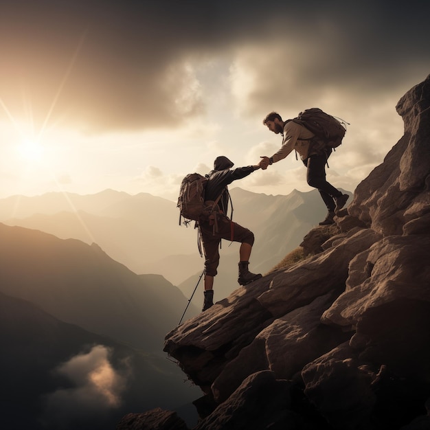 Escursionista che aiuta un amico a raggiungere la cima della montagna AI generativa