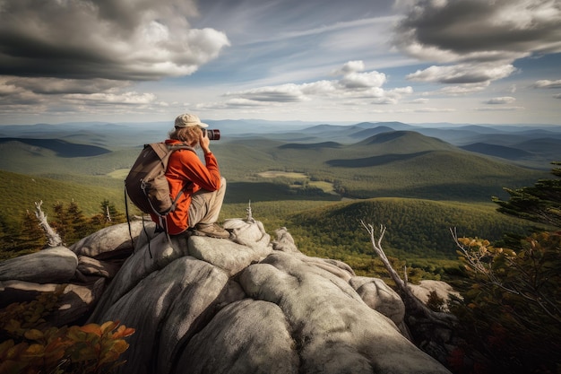 Escursionista con fotocamera che cattura la bellezza del mondo naturale creato con l'IA generativa