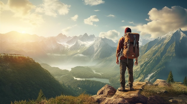 Escursionista con zaino in piedi sulla cima della montagna e guardando la valle con la luce del sole del mattino