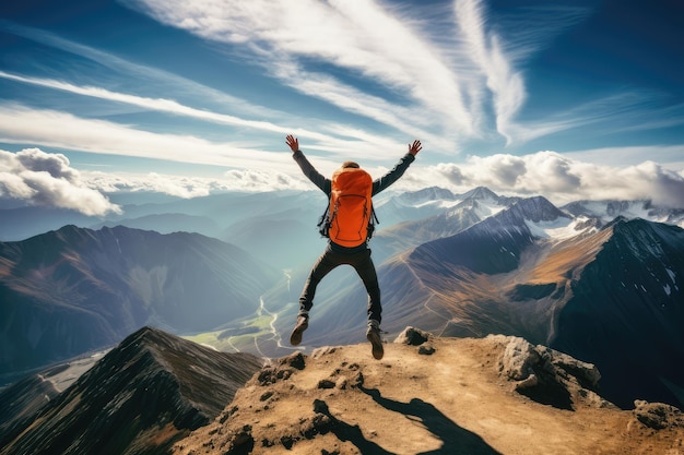 Escursionista con zaino in piedi sulla cima di una montagna e godersi il panorama