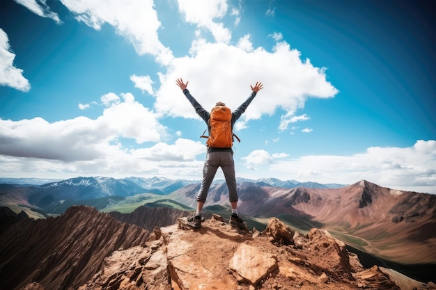 Escursionista con zaino in piedi sulla cima di una montagna e godersi il panorama