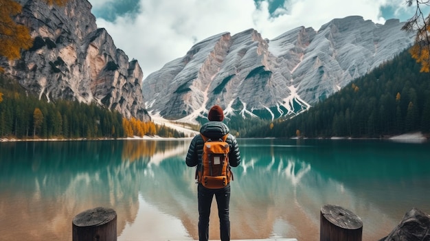 Escursionista di viaggio che scatta foto del Lago di Braies Lago di Braies nelle Dolomiti Italia Viaggi escursionistici e avventure