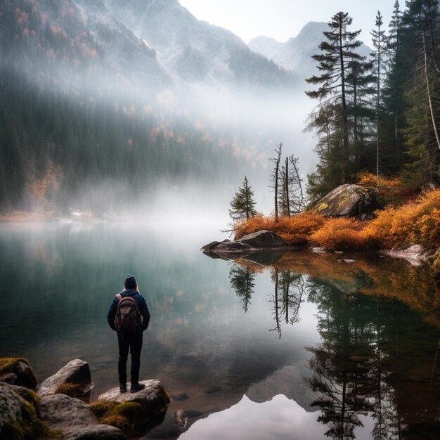 Escursionista e escursionista lungo il lago forestale con nebbia e acqua per la persona nei boschi generati da ai