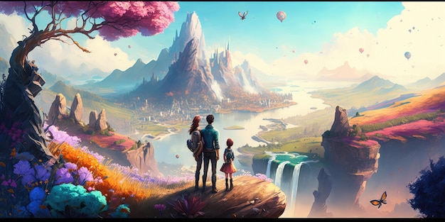 Escursionista guardando uno scenario mozzafiato del paesaggio di montagna in stile cartone animato colore olio disegnato a mano
