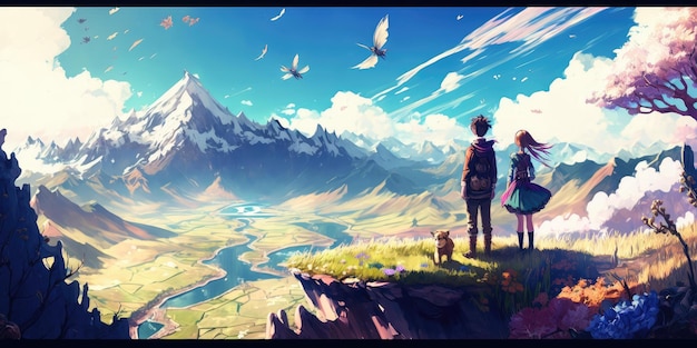 Escursionista guardando uno scenario mozzafiato del paesaggio di montagna in stile cartone animato colore olio disegnato a mano