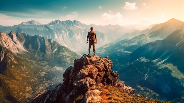 Escursionista in cima a una montagna che domina una vista mozzafiato Apex silhouette scogliere e paesaggio della valle IA generativa