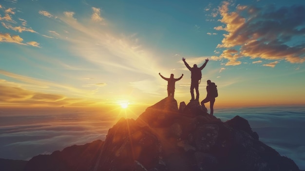 Escursionista maschile che celebra il successo in cima a una montagna in una maestosa alba e amici di gruppo di arrampicata che aiutano a scalare il lavoro di squadra aiuta il vincitore del successo e la leadership