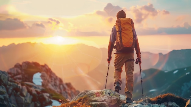 Escursionista maschile con zaino che cammina sulla cima di un paesaggio di montagna rocciosa e una bellissima vista sul tramonto sullo sfondo Escursionista uomo escursionista che vive uno stile di vita sano e attivo