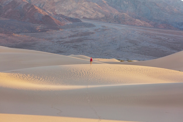 Escursionista tra le dune di sabbia nel deserto