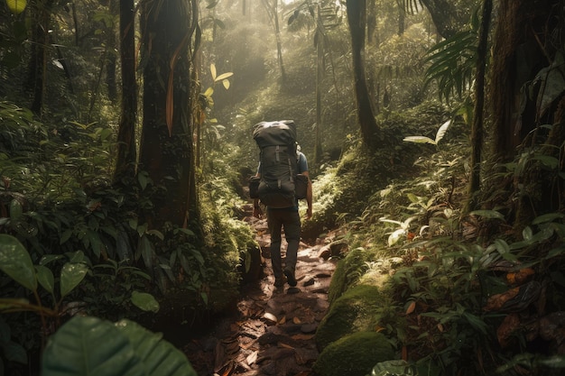 Escursionista trekking attraverso la fitta foresta pluviale con zaino pieno di rifornimenti
