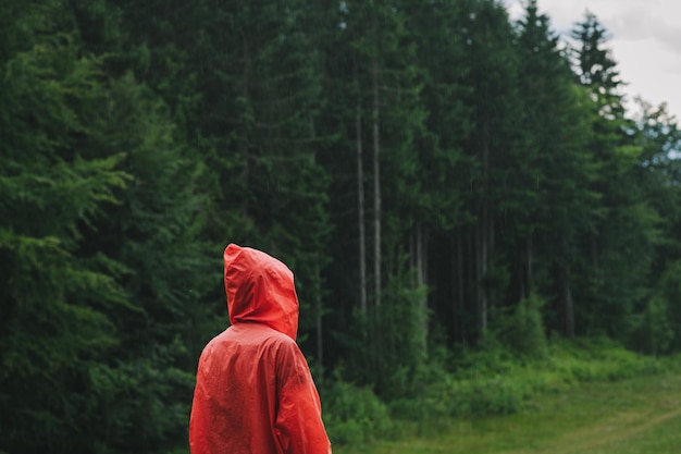 Escursionista turistico in impermeabile rosso si trova sotto la pioggia in montagna sullo sfondo della foresta di conifere